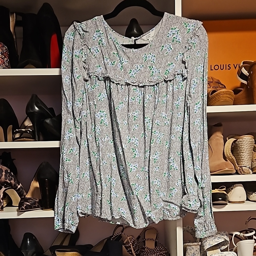 Crown & Ivy Blue Ruffled Blouse with Long Puff Sleeves and Bib Collar